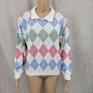 Vintage White Pastel Pink Blue Green Argyle Pattern Women Sweater Grandmacore